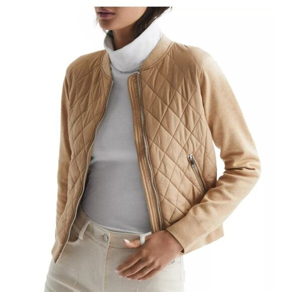 Reiss Jackets & Blazers - REISS Ayla Knit Hybrid Jacket Womens Brown Size 6 Small Front Zip Quilted Bomber